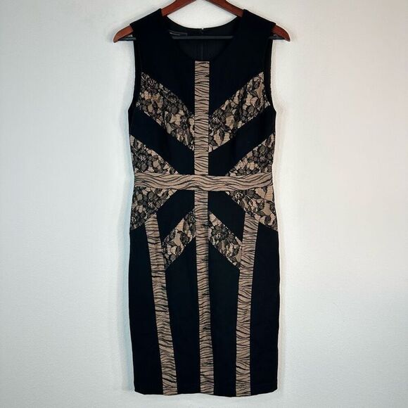 BCBGMaxAzria Raina Lace Trim Sheath Dress Womens Medium Black Nude Chic Glam - Picture 1 of 10